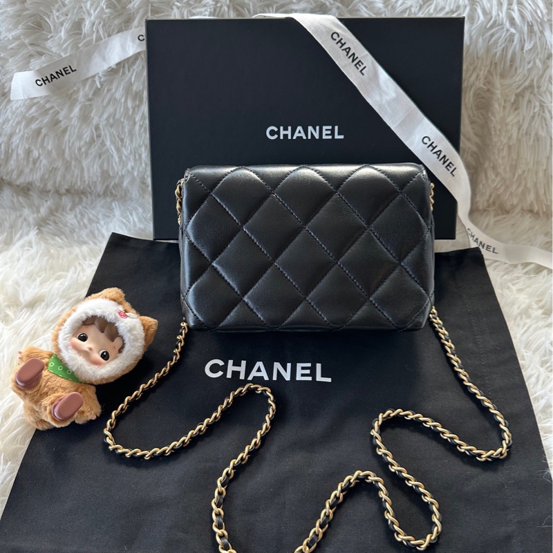 【配件：防塵袋 💕】Chanel 24A 珍珠鏈 鑽石logo鏈條 黑金 羊皮 手提 斜挎 單肩-2