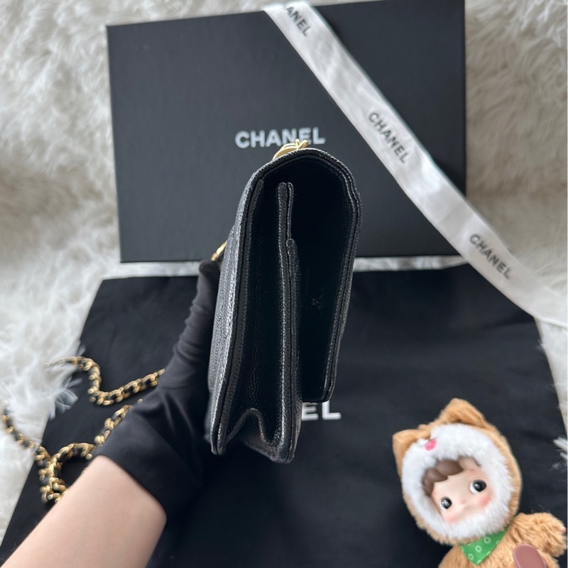 【配件：防塵袋 💕】Chanel 22k woc 雙鏈條logo 黑金 荔枝皮 手提 斜挎 單肩-3