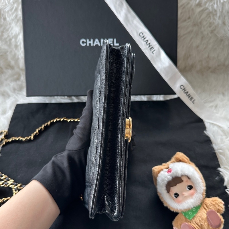 【配件：防塵袋 💕】Chanel 22k woc 雙鏈條logo 黑金 荔枝皮 手提 斜挎 單肩-5