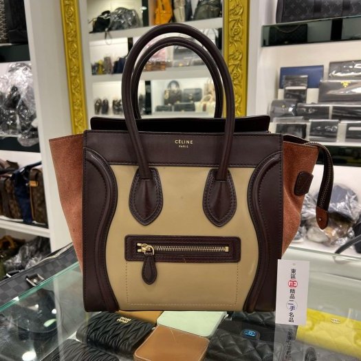 東區正精品㊣CELINE Micro 咖啡色三色牛皮手提包冏包中型 RZ5780-0