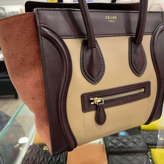 東區正精品㊣CELINE Micro 咖啡色三色牛皮手提包冏包中型 RZ5780-1