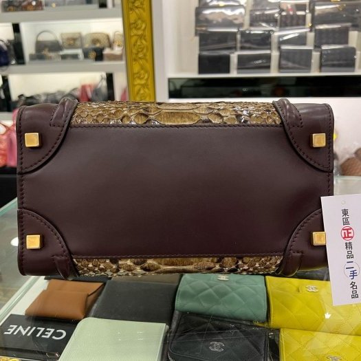 東區正精品㊣CELINE Micro 酒紅色綠色蟒蛇皮拼麂皮手提包冏包中型 RZ4373-3