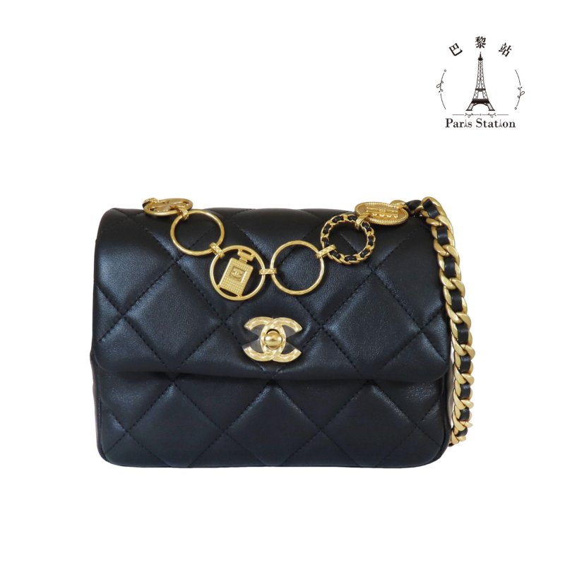【巴黎站二手名牌專賣店】*現貨*CHANEL香奈兒真品*AS4274 黑色菱格紋小牛皮金色環扣提把金鍊口蓋斜背包18CM-0