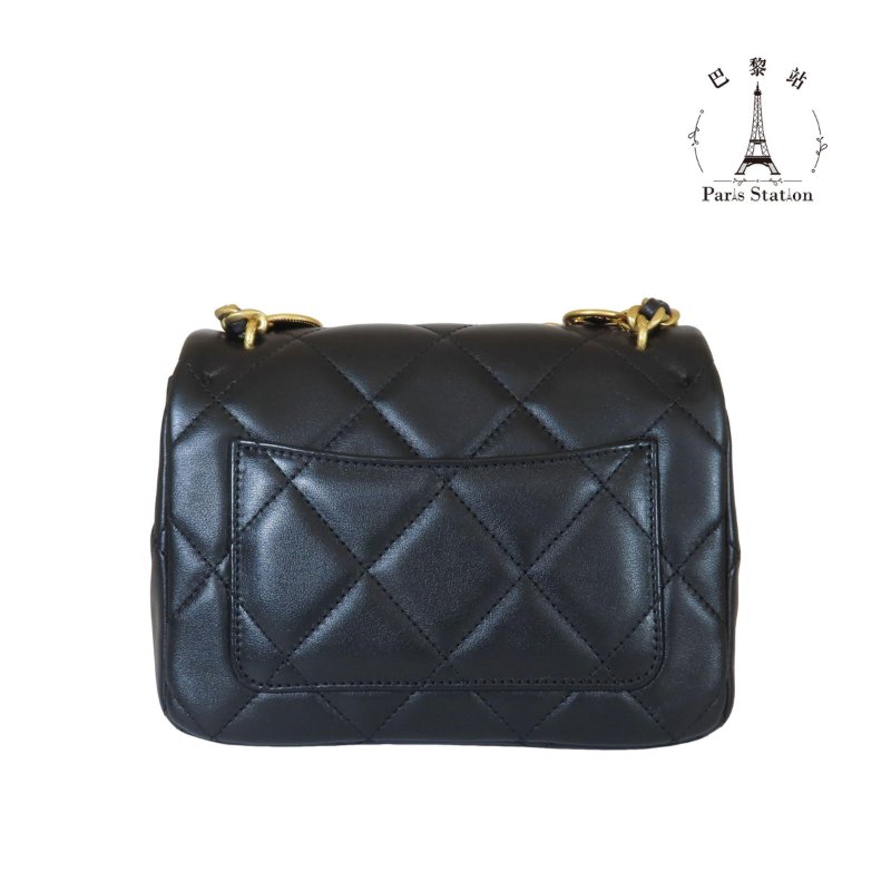 【巴黎站二手名牌專賣店】*現貨*CHANEL香奈兒真品*AS4274 黑色菱格紋小牛皮金色環扣提把金鍊口蓋斜背包18CM-1