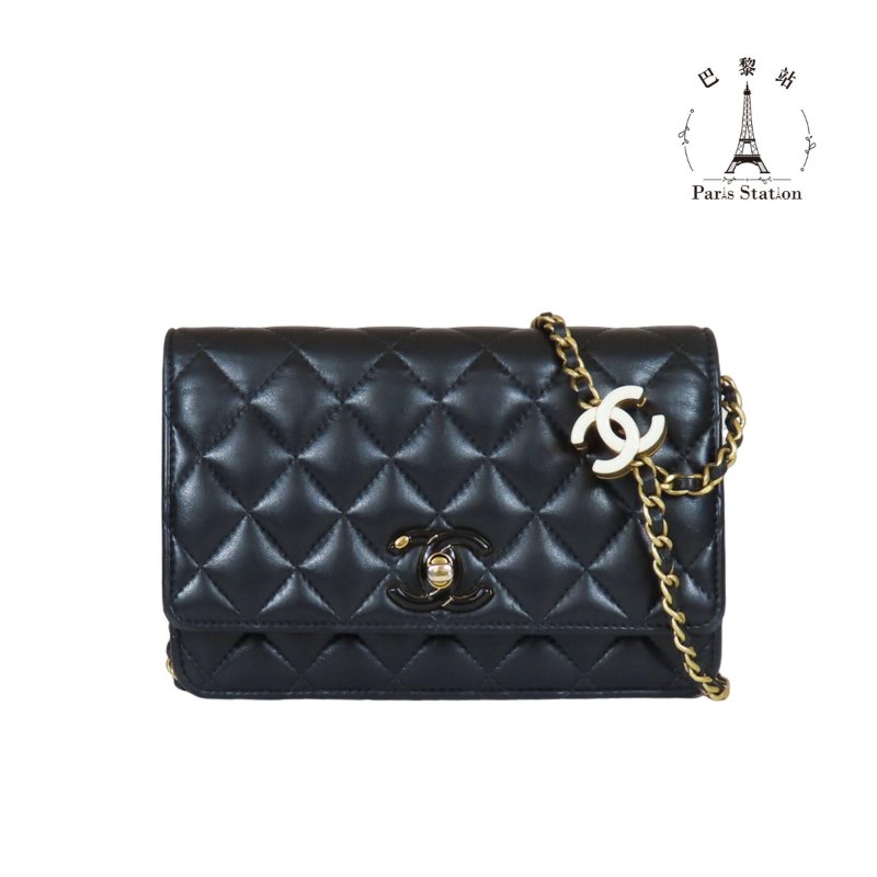 【巴黎站二手名牌專賣店】＊現貨＊CHANEL 香奈兒 真品＊黑色菱格紋羊皮琺瑯黑色雙C白色調節釦WOC 斜背包-0