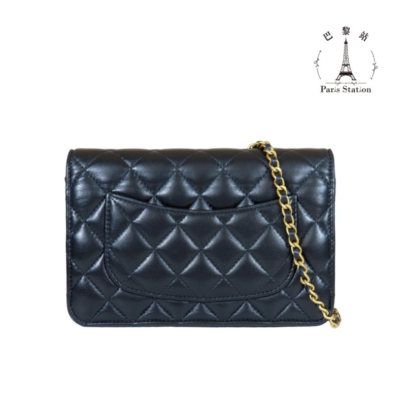 【巴黎站二手名牌專賣店】＊現貨＊CHANEL 香奈兒 真品＊黑色菱格紋羊皮琺瑯黑色雙C白色調節釦WOC 斜背包-1