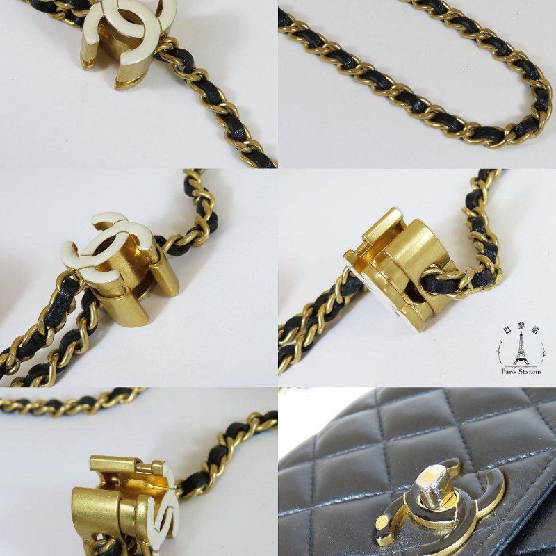 【巴黎站二手名牌專賣店】＊現貨＊CHANEL 香奈兒 真品＊黑色菱格紋羊皮琺瑯黑色雙C白色調節釦WOC 斜背包-6