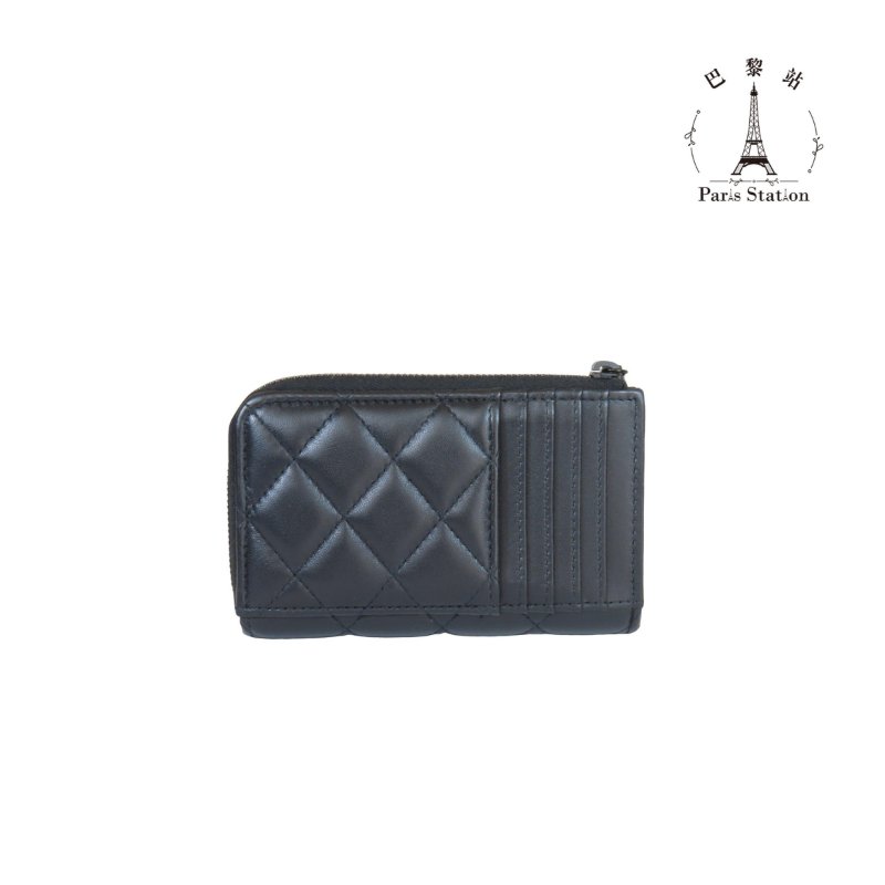 【巴黎站二手名牌專賣】*現貨*CHANEL 香奈兒 真品*黑色菱格紋羊皮黑雙C L型拉鍊卡包 零錢包-1