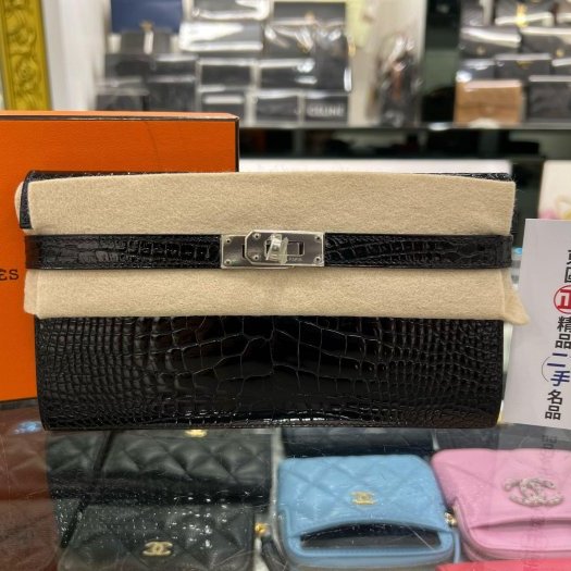東區正精品㊣HERMES PORTEFEUILLE DEPL KELLY 近全新愛馬仕黑色鱷魚皮紋銀釦三折長夾手拿包 方塊M刻 RA1829-0