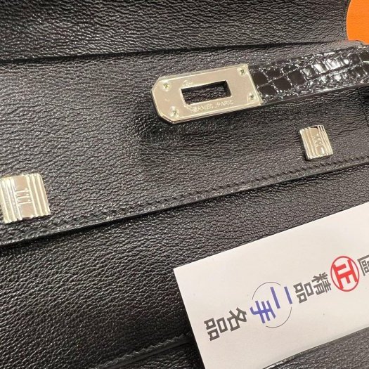 東區正精品㊣HERMES PORTEFEUILLE DEPL KELLY 近全新愛馬仕黑色鱷魚皮紋銀釦三折長夾手拿包 方塊M刻 RA1829-4