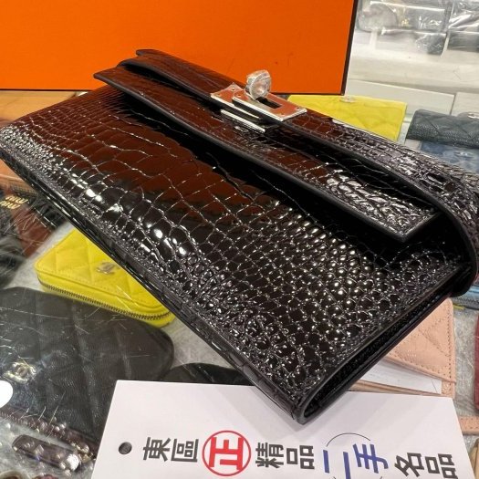 東區正精品㊣HERMES PORTEFEUILLE DEPL KELLY 近全新愛馬仕黑色鱷魚皮紋銀釦三折長夾手拿包 方塊M刻 RA1829-7