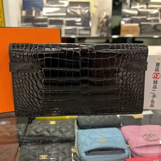 東區正精品㊣HERMES PORTEFEUILLE DEPL KELLY 近全新愛馬仕黑色鱷魚皮紋銀釦三折長夾手拿包 方塊M刻 RA1829-8