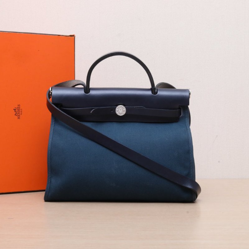 HERMES Herbag3176印度藍拼Z7海洋藍帆布D刻銀扣肩背包-0