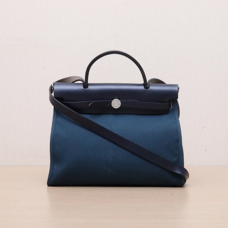 HERMES Herbag3176印度藍拼Z7海洋藍帆布D刻銀扣肩背包-1