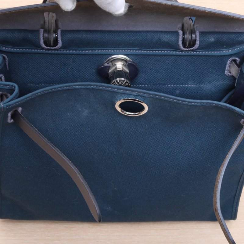 HERMES Herbag3176印度藍拼Z7海洋藍帆布D刻銀扣肩背包-4