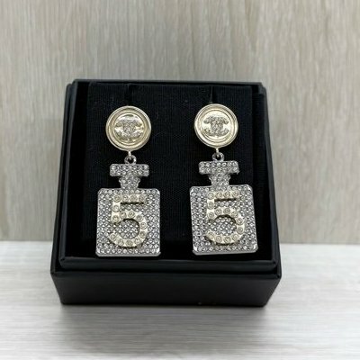 CHANEL銀色水鑽5號香水造型耳環