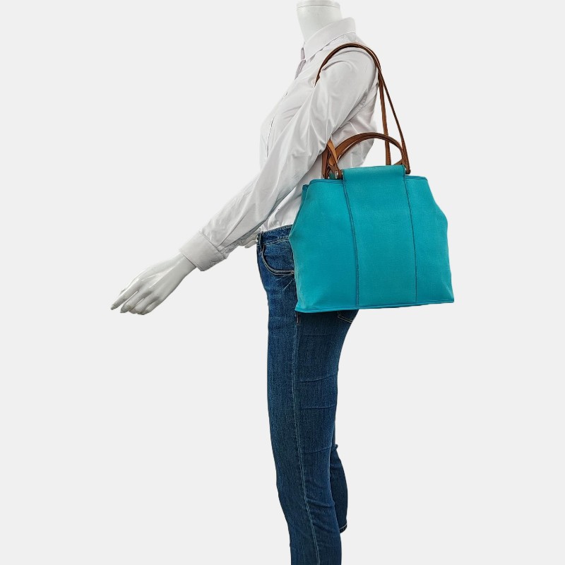 HERMÈS Cabag 32 馬卡龍藍色帆布 肩背包手提包-1