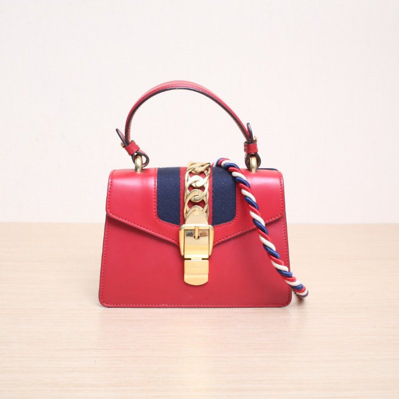 GUCCI Sylvie塞爾維亞絲帶包皮手帶Mini20紅色牛皮金扣肩背包-1