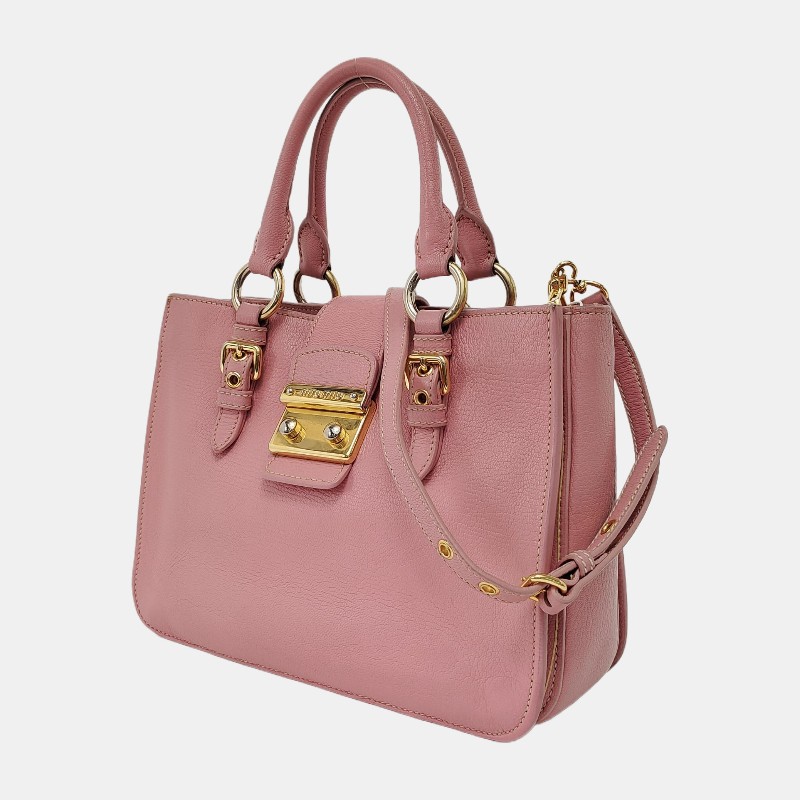 Miu Miu 托特包 粉色牛皮單肩包手提包斜挎包 金色五金 可拆卸肩帶-2