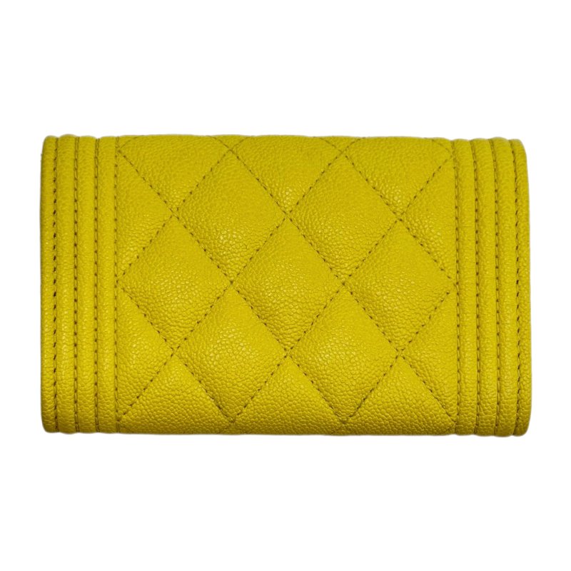 ［1472］香奈兒 Chanel leboy 短款錢包 黃色金扣 荔枝皮-1