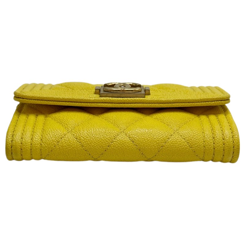 ［1472］香奈兒 Chanel leboy 短款錢包 黃色金扣 荔枝皮-4