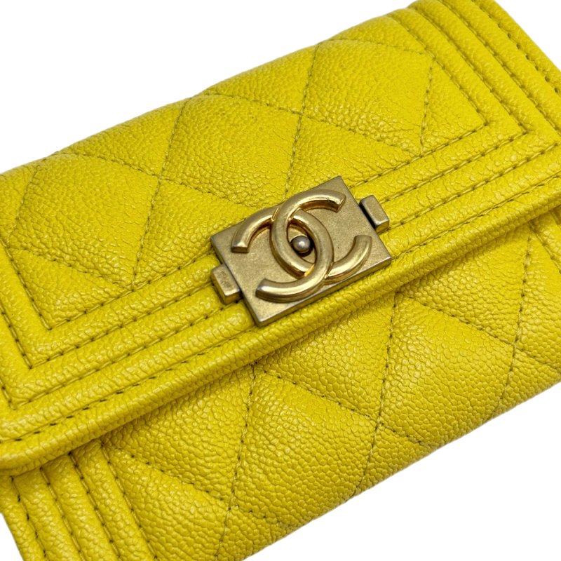 ［1472］香奈兒 Chanel leboy 短款錢包 黃色金扣 荔枝皮-6