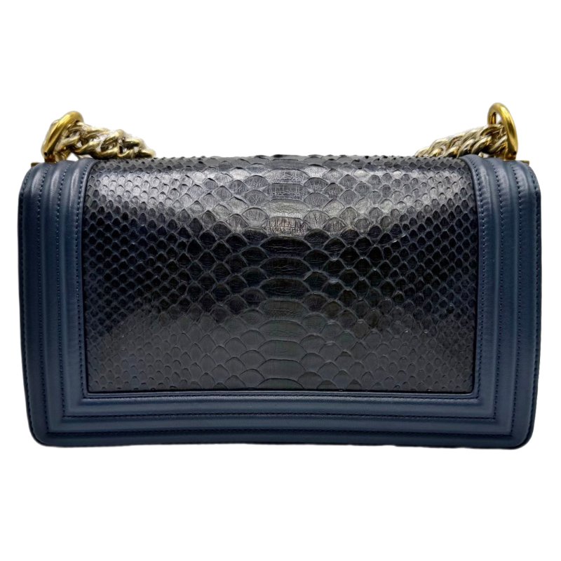 ［2460］香奈兒 CHANEL Leboy 雙C深藍色 LOGO  蟒蛇皮 中號 -1