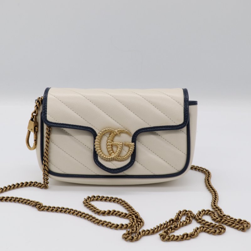 【CP 精選🌟小編推薦】Gucci 古馳 Marmont 迷你 奶白色 牛皮 海軍藍 金扣 鏈條包 單肩包 斜挎包-1