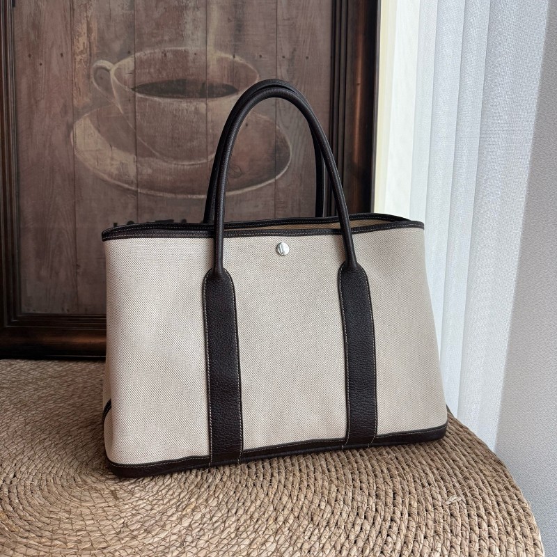 Hermes Garden Party 36 花園包 帆布拼皮 米棕色 手提包-0