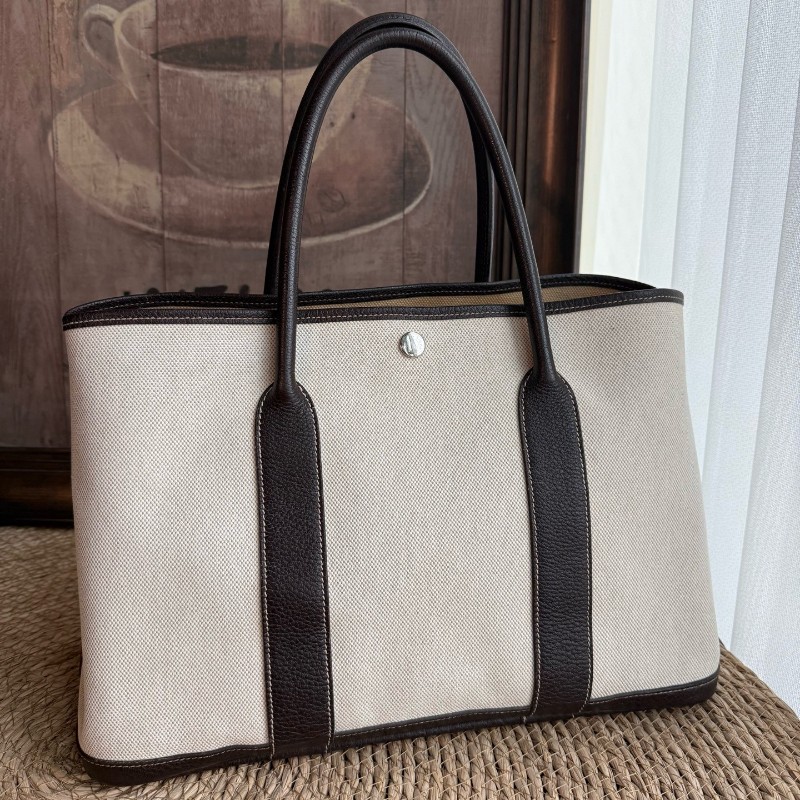 Hermes Garden Party 36 花園包 帆布拼皮 米棕色 手提包-1
