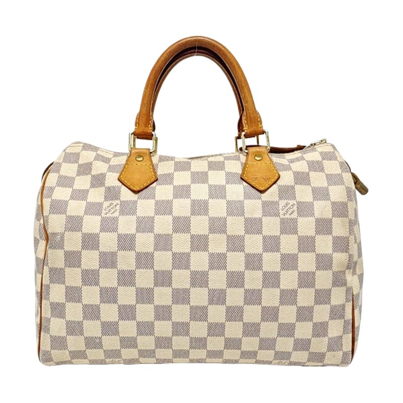 LOUIS VUITTON SPEEDY 30 白色塗層帆布棋盤格波士頓包手提包 金色五金-0