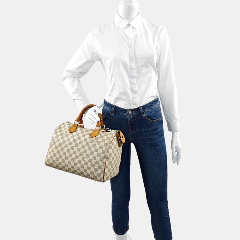 LOUIS VUITTON SPEEDY 30 白色塗層帆布棋盤格波士頓包手提包 金色五金-1