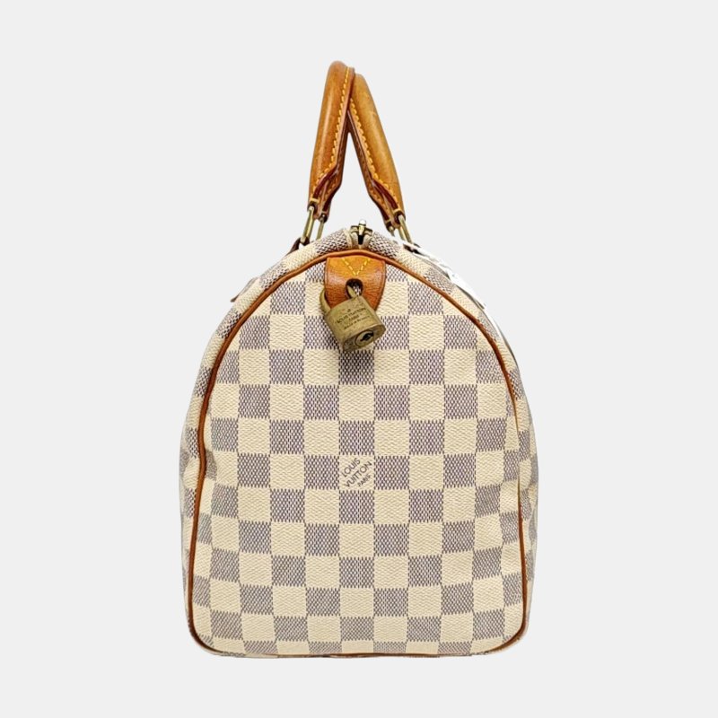 LOUIS VUITTON SPEEDY 30 白色塗層帆布棋盤格波士頓包手提包 金色五金-2