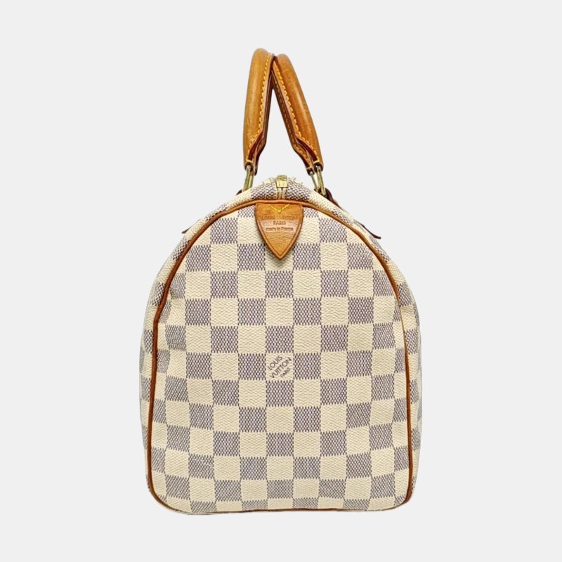 LOUIS VUITTON SPEEDY 30 白色塗層帆布棋盤格波士頓包手提包 金色五金-3