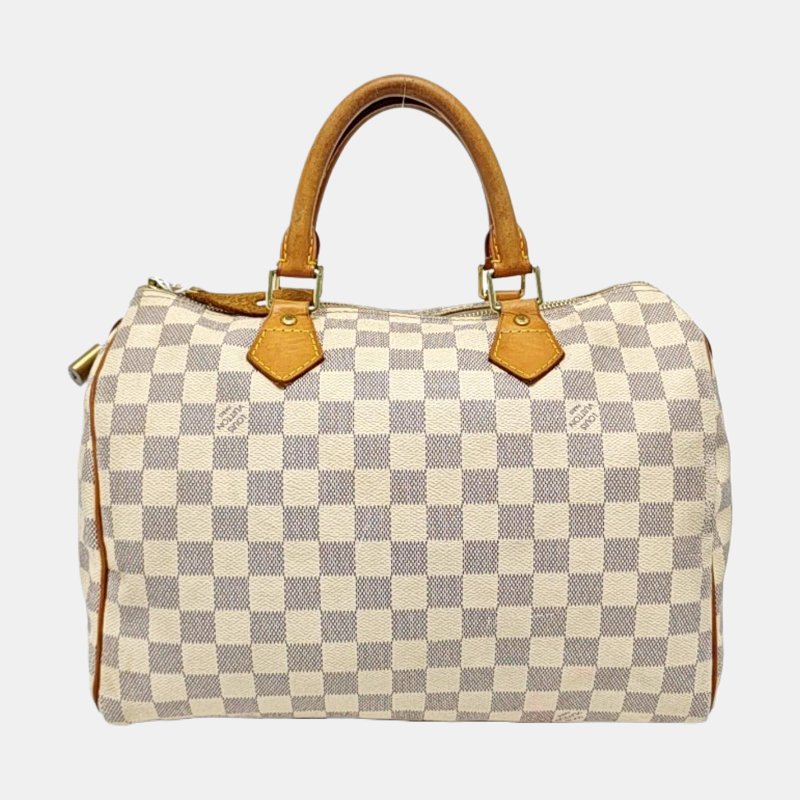 LOUIS VUITTON SPEEDY 30 白色塗層帆布棋盤格波士頓包手提包 金色五金-4