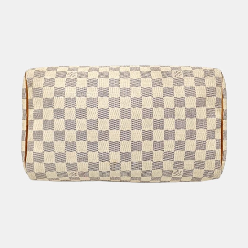 LOUIS VUITTON SPEEDY 30 白色塗層帆布棋盤格波士頓包手提包 金色五金-5