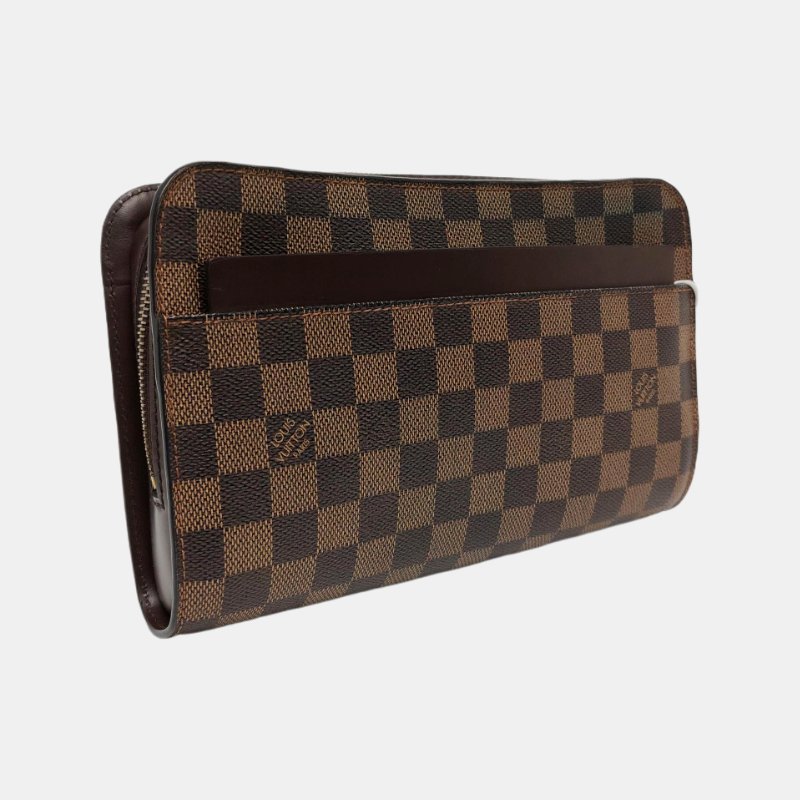 LOUIS VUITTON SAINT LOUIS 棕色塗層帆布棋盤格手拿包 金色五金-3