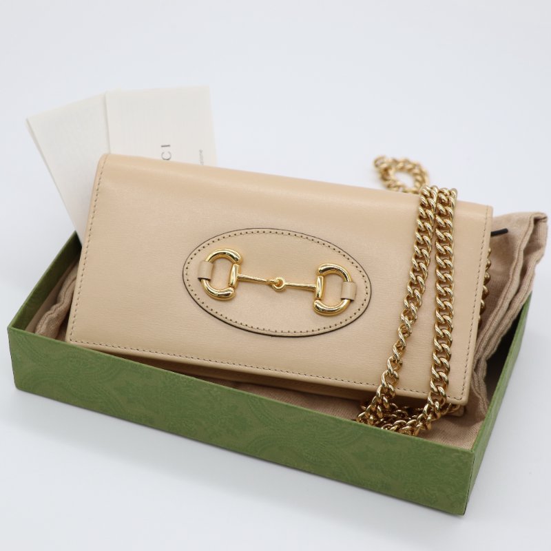 Gucci 古馳 1955系列 奶油裸色 光滑牛皮 鏈條錢包 WOC-0
