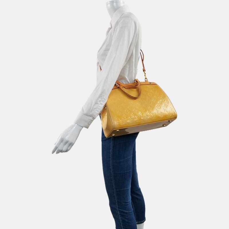 LOUIS VUITTON BREA 黃色漆皮老花壓紋醫生包手提包斜背包單肩包 金色五金 可拆卸肩帶-1