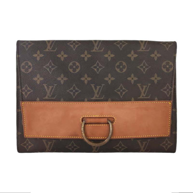 LOUIS VUITTON 棕色塗層帆布老花手拿包 金色五金 中古款-0