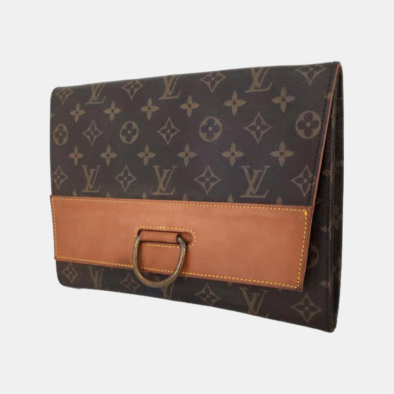LOUIS VUITTON 棕色塗層帆布老花手拿包 金色五金 中古款-2
