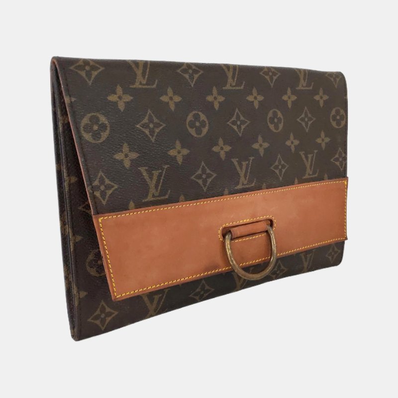 LOUIS VUITTON 棕色塗層帆布老花手拿包 金色五金 中古款-3