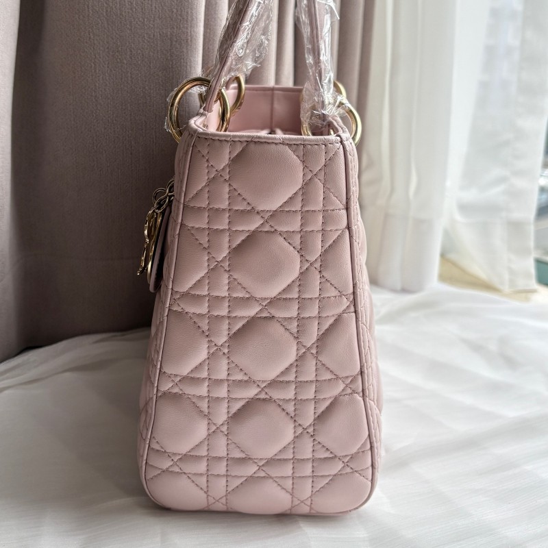 Dior Lady dior 五格戴妃 粉色金扣 羊皮手提包肩背包-3