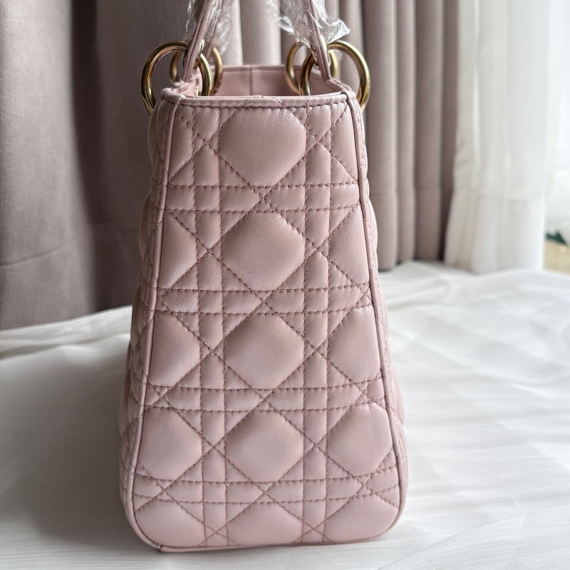 Dior Lady dior 五格戴妃 粉色金扣 羊皮手提包肩背包-4