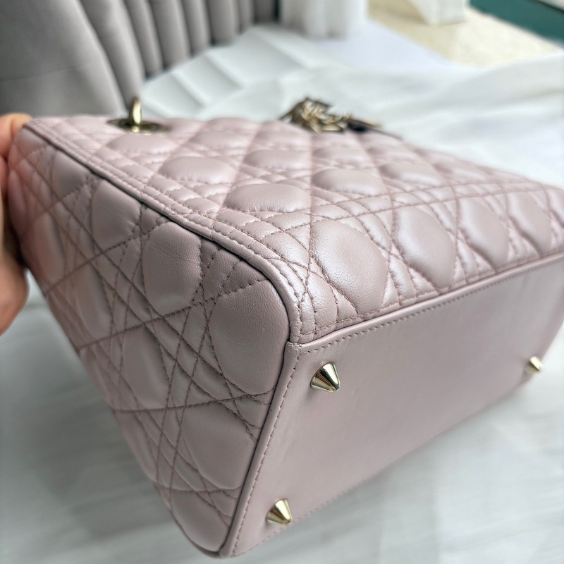 Dior Lady dior 五格戴妃 粉色金扣 羊皮手提包肩背包-12