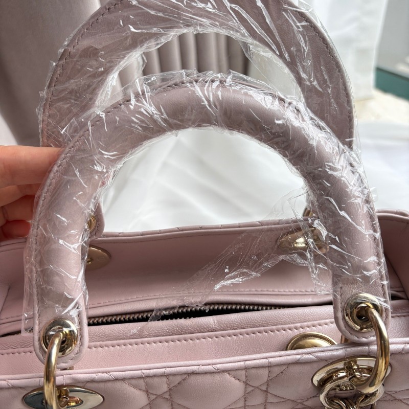 Dior Lady dior 五格戴妃 粉色金扣 羊皮手提包肩背包-17