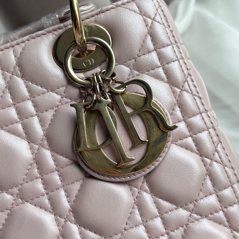 Dior Lady dior 五格戴妃 粉色金扣 羊皮手提包肩背包-18