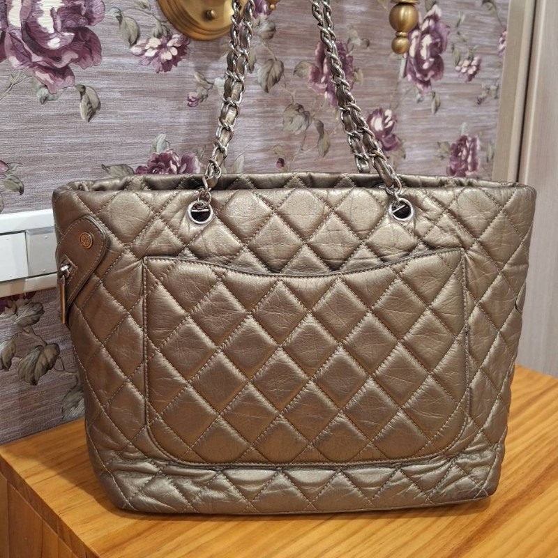 CHANEL 香檳金 銀鍊康朋包-1