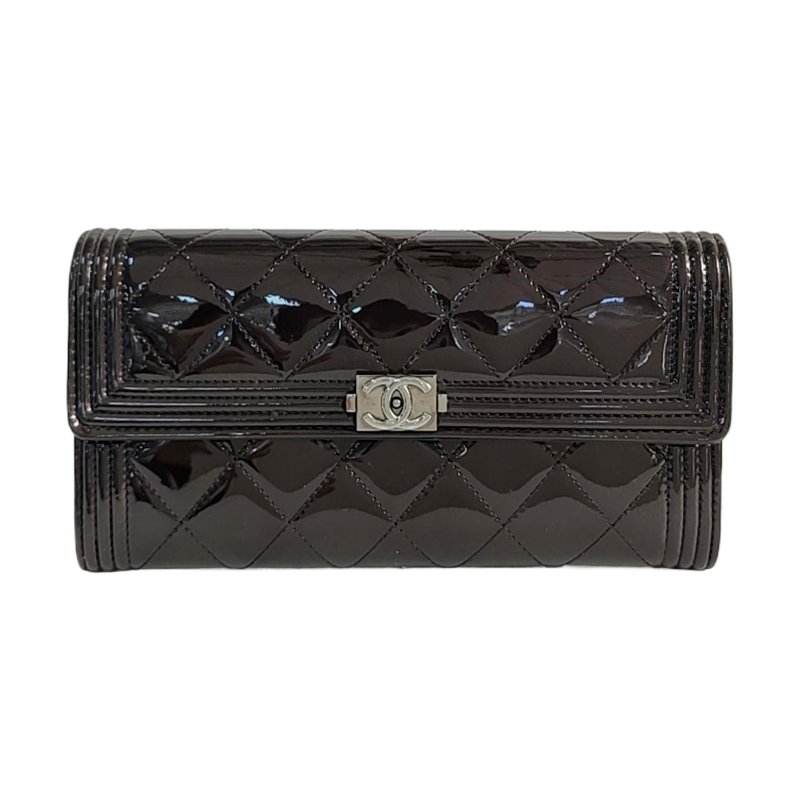 CHANEL BOY CHANEL 黑色漆皮萎格紋縫線錢包銀色五金 20開-0