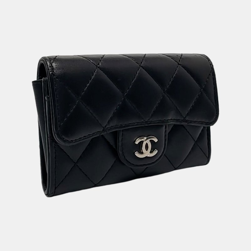 CHANEL CLASSIC FLAP 黑色羊皮萎格紋卡包 銀色五金 24開 配件齊全-2